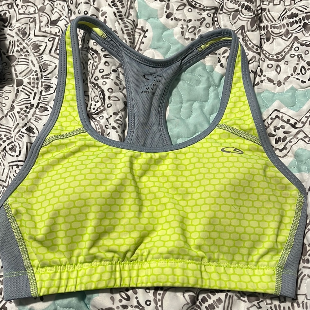 Champion brand sports bra with padding, yellow/gray